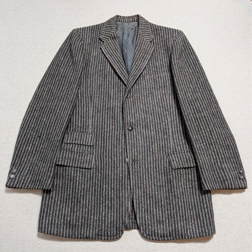 Vintage 60s-70s Harris Tweed Men's Blazer 40R Gray Stripe Wool Coat Jacket